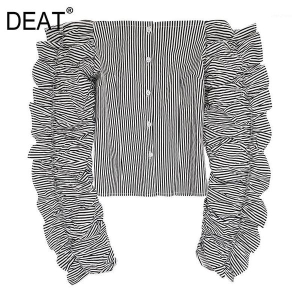 

deat autumn new slash neck pleated ruffled long sleeve striped single-breasted shirt 2020 women's short style yj9001, White
