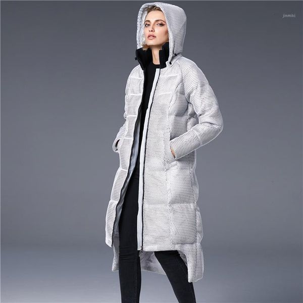Mulher Down Parkas 2021 Moda Mesh Jaqueta feminina de tamanho grande assimétrico Parka de casacos de inverno russo e com capuz feminino