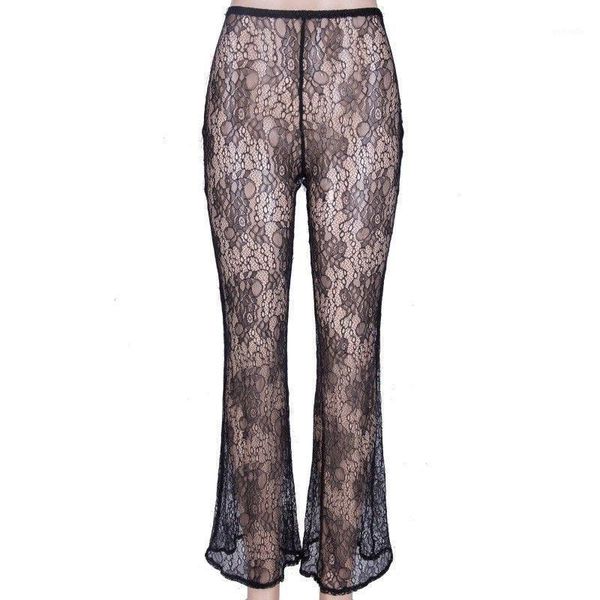 

women lace see through high waist flared trouser beach summer holiday loose casual solid mesh pants regular size1, Black;white