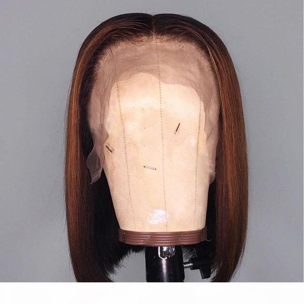 

paff full lace human hair wigs for women short bob silk straight highlight colored brazilian lace front wig remy, Black;brown