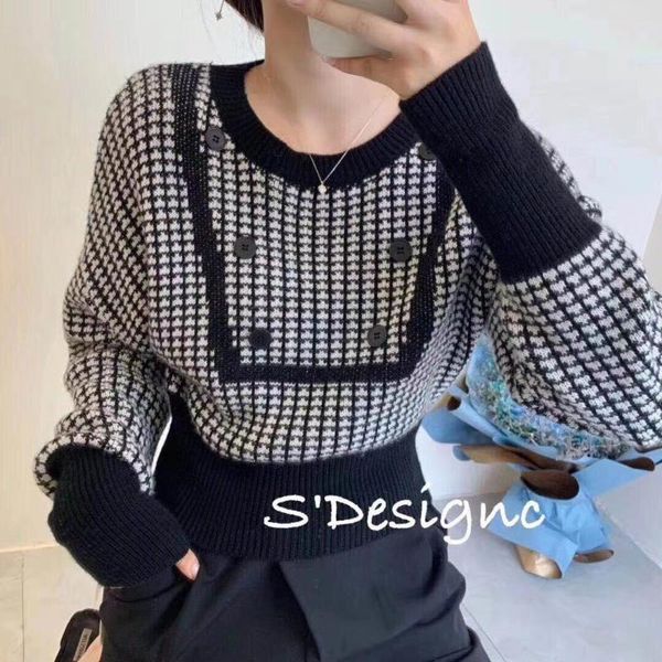 

spring/autumn woman sweaters lady trendy round collar pullover houndstooth sweater sweety short knitted korean for women, White;black