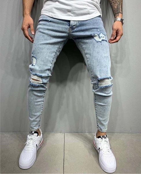 

new men's fashion light blue pierced slim jeans in autumn and winter 2020