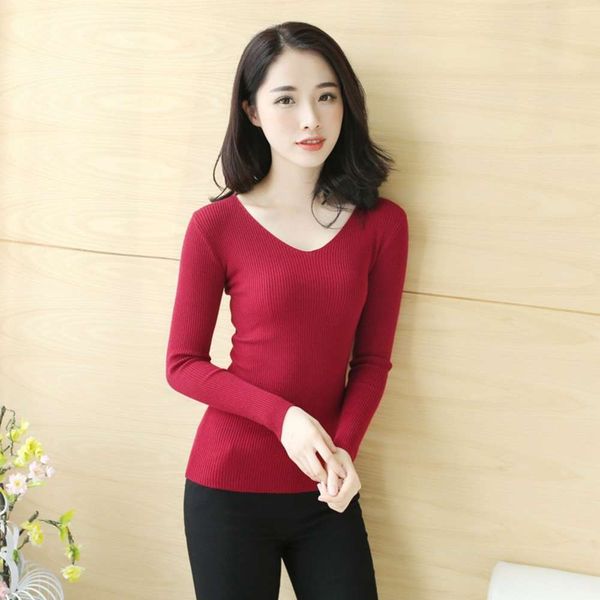 

new autumn and winter v-neck long sleeve slim korean knitted sweater pullover women's wear, White