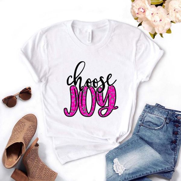 

women t shirt choose joy floral print tshirt women short sleeve o neck loose t-shirt ladies causal tee shirt clothes, White