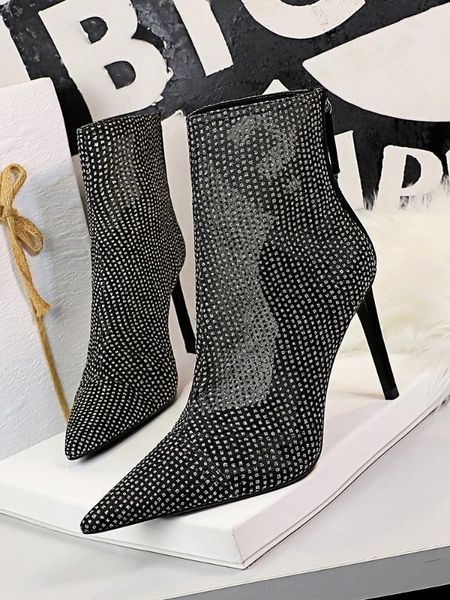 

women's shoes short net boots super high fine heels fashion show thin pointed lace hollow out mesh pure color1, Black