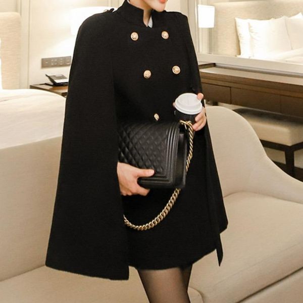 

fall/winter 2020 new cloak shawl short elegant double breasted woolen coat1, Black