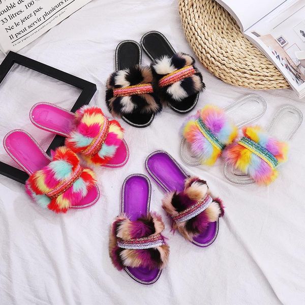 

slippers women crystal colorful fur summer fashion mixed colors furry outside slides female indoor jelly, Black