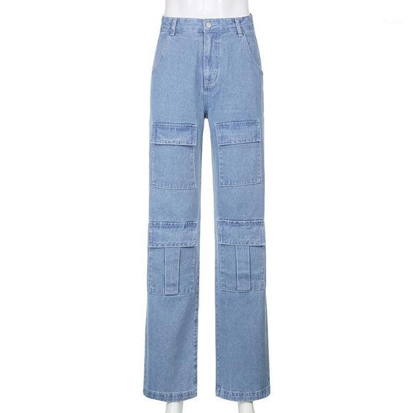 

autumn new style high waist fashion multi-pocket ladies trousers casual blue wide-leg jeans1