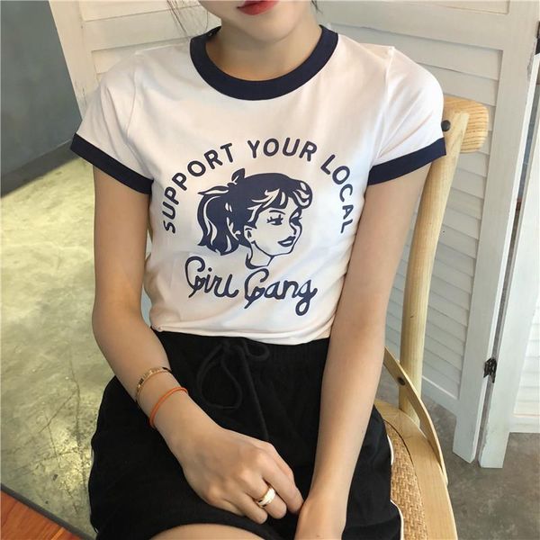 

support your local girl gang stitching fun cotton o-neck chic slim short-sleeved fashion cartoon female harajuku t-shirt, White