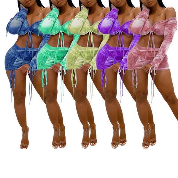 

gym clothing 2pcs ladies short skirt set clothes summer strapless long sleeve lace up crop + ruched mini sportswear1, White;black