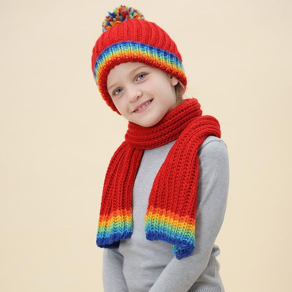 

kids boys girls scarves rainbow printed knitting pompom ball hat +rainbow scarf sets for winter warm casual kids long foulard, Blue;gray