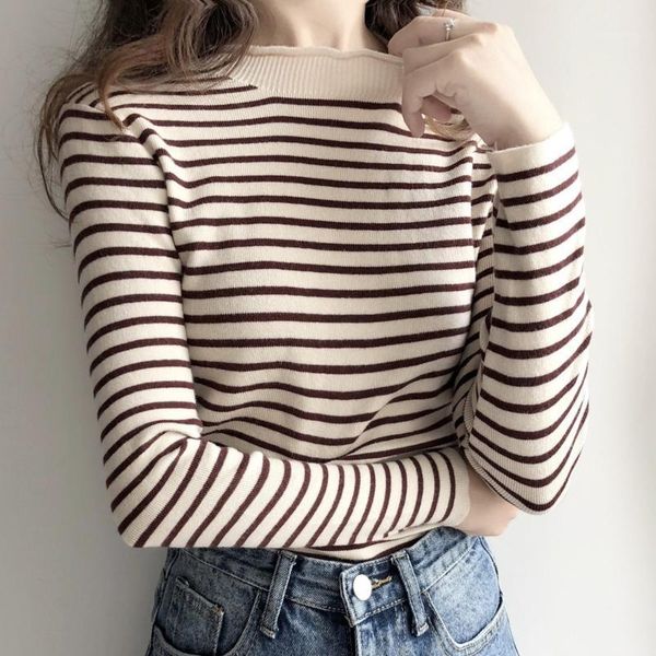 

sweaters women knitting striped student elegant loose all-match turtleneck daily soft korean style vintage womens clothing new1, White;black