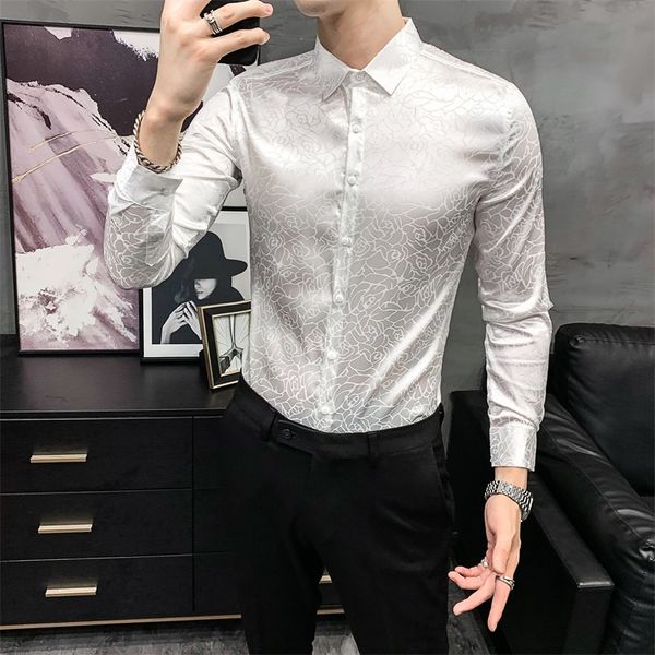 

rose print men shirts long sleeve casual business dress shirts 2020 spring social party slim fit men clothing chemise homme c1212, White;black