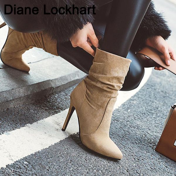 

boots spring women pleated mid calf woman 2021thin high heels women's pointed toe pumps ladies party shoe female winter1, Black