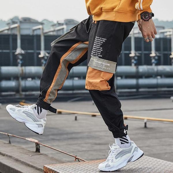 

men hip hip pants color block patchwork multi-pocket cargo harem pants street harajuku jogger sweatpant man trousers 2020 w2881, Black