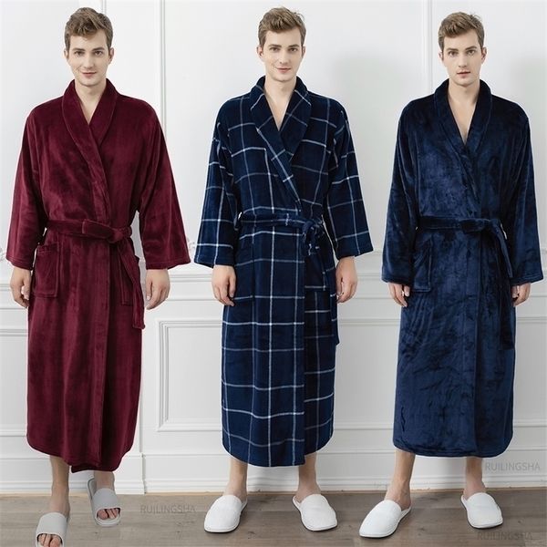 

for men weight 70-140kg extra plus size long thermal flannel bathrobe male winter warm bath robe women plaid night dressing gown 201111, Black;brown