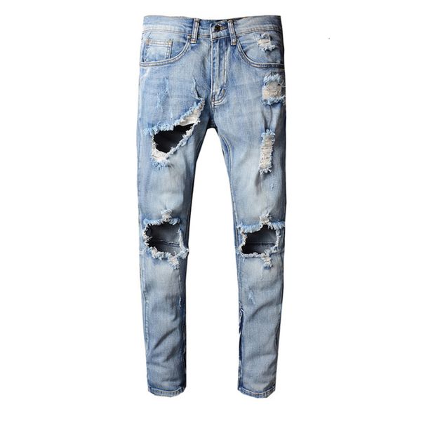 

2021 new men's male light blue fashion casual ripped cat-beard beggar jeans slim-fit feet denim pants trousers vq9r