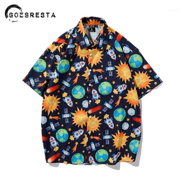 

2020 new fashion casual shirts men summer cartoon pattern loose men's short sleeve shirts harajuku streetwear couple clothing1, White;black