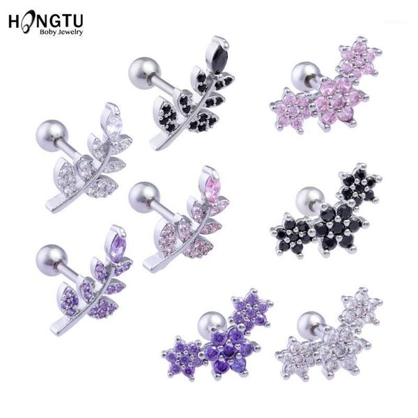 

stud 1pc zircon leaf flower ear studs cartilage earrings for women copper inlaid cz daith earring piercing jewelry gift 16g1, Golden;silver