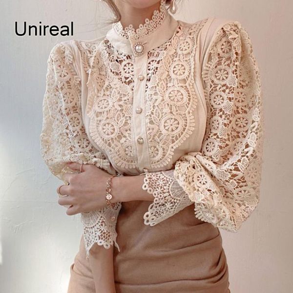 

unireal 2020 summer autumn women lace blouse shirt long sleeve hollow out elegant lady white lace blouse