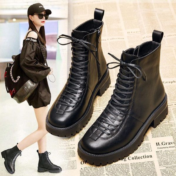 

2021 new women boots female british style motorcycle boots winter plus velvet platform women autumn1, Black