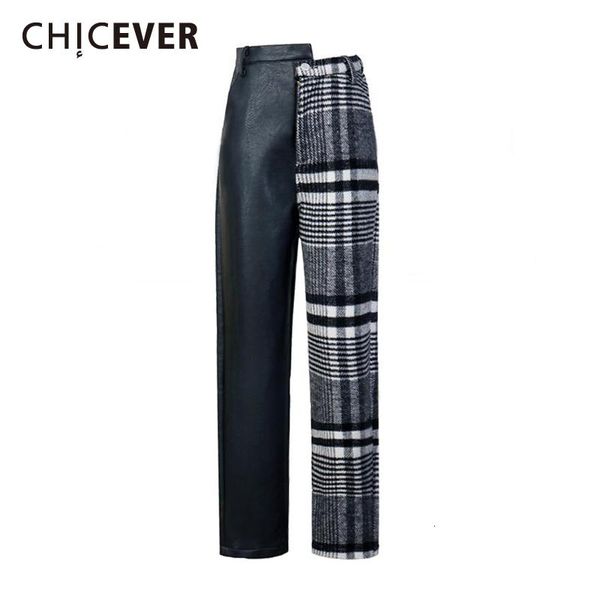 

women's pants & capris chicever patchwork pu plaid trousers for women high waist hit colors asymmetrical autumn winter female tide, Black;white