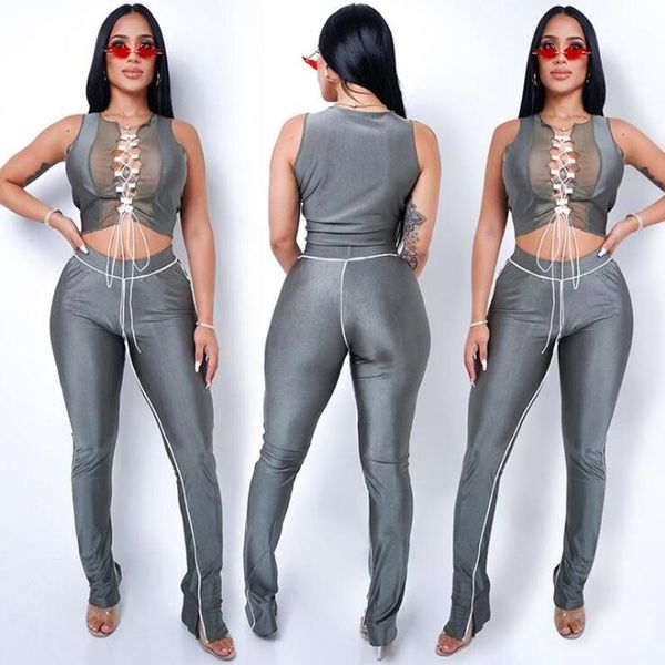 

наборы одежды женщин летнее 2021 топ без рукавов топ и брюки двух частей набор sexy paylow out дамы клубная вечеринка носить черный серый, Gray
