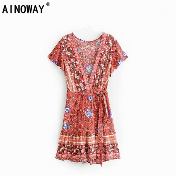 

casual dresses 2021 women hippie vestidos red floral print deep v-neck bohemian mini dress summer flare sleeve boho dresses1, Black;gray