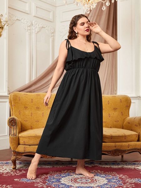 

plus ruffle trim tie shoulder cami nightdress o9p7#, Black;white