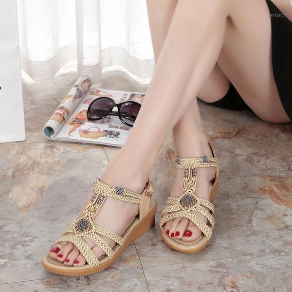 

sandals plus size 25-62 woman summer women genuine leather bohemia beaded beach shoes1, Black