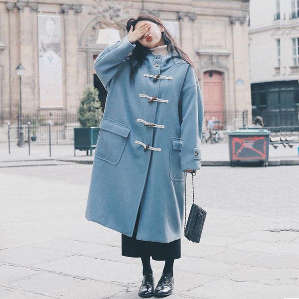 

2020 winter new women's horn buckle overcoat female single-breasted long woolen coats women blue loose fashion wool coat, Black