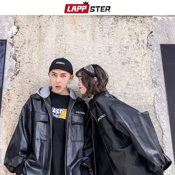 

lappster men solid streetwear leather jacket couple leather motorcycle jacket hip hop harajuku korean hooded windbreaker 201026, Black