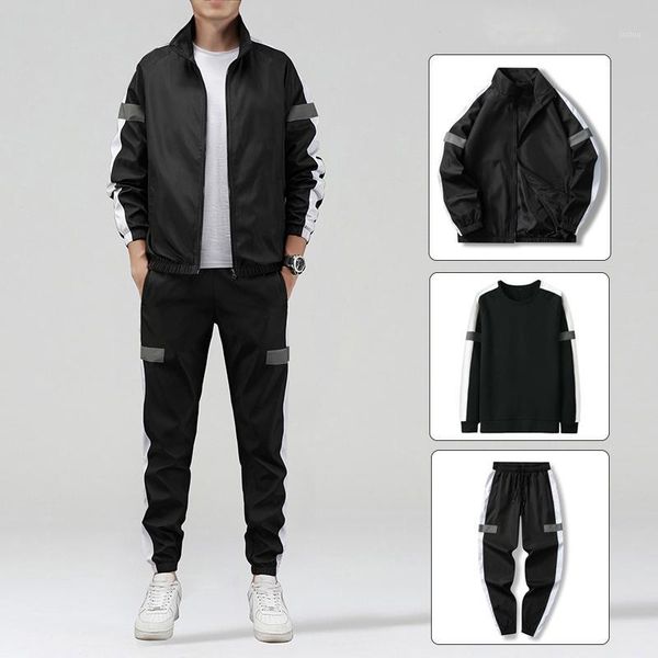 

men's reflective stripe hip hop sweatsuit man jacket+pullover sweatshirt+sweatpant 3pcs set jogging tracksuit 12 color size 4xl1, Gray