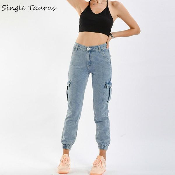 

high waist cargo pants for woman preppy style harem pants mujer little blue loost denim spodnie damskie side pocket jeans mujer