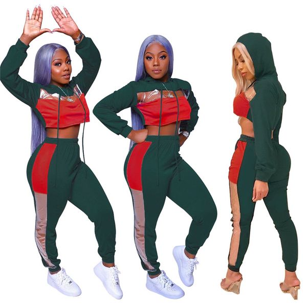 

womens stitching hooded sweater casual 2 piece suit womens sweatsuits hoodie sports two piece pants set, Gray