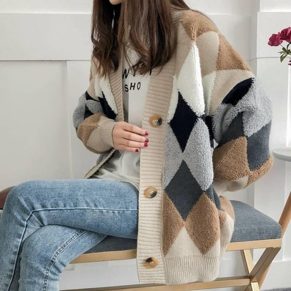 

korean temperament ladies sweater winter spring plaid v-neck cardigan button puff sleeve checkered oversized sweater top, White
