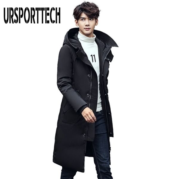 

ursporttech winter warm long down jacket men casual clothing outwear hooded down jackets male thick down coat plus size 5xl 201225, Black