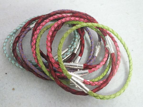 

iai1mixed 3mm 20cm with color 100pcs/lot magnetic clasp gunine real leather cord bracelet for charm jewelry a-3285