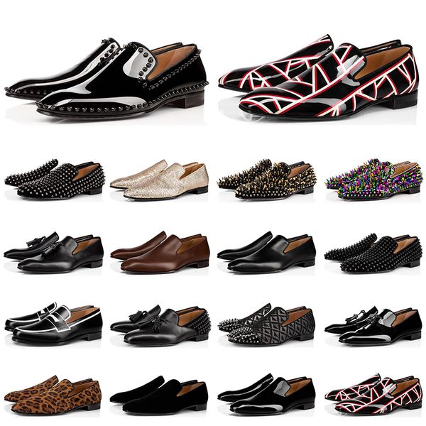 

2020 fashion mens loafers shoes red bottoms triple black suede patent leather rivets slip on loafer dress wedding shoe for business party