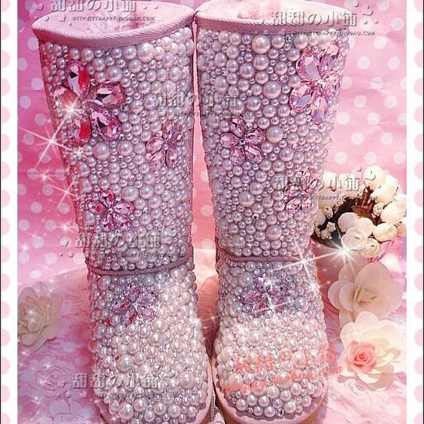 

2020 princess leather rose pearl full diamond strass snowboots cpv9, Black