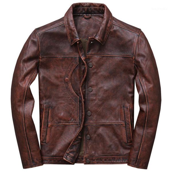 

men's leather & faux 2021 vintage brown men smart casual jacket single breasted plus size xxxl genuine cowhide russian coat 1, Black
