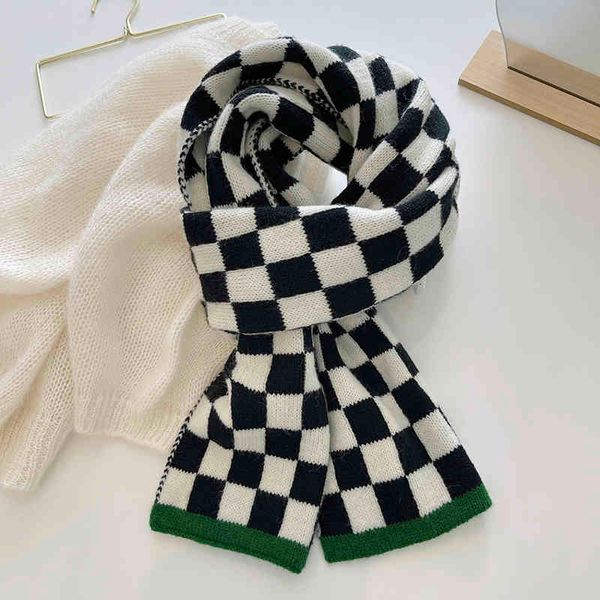 Lunadolphin Mulheres Inverno Preto Branco Checker Padrão Cachecol Chique Green Green Worling Warm Knitted Woolen Ins pashmina xaile
