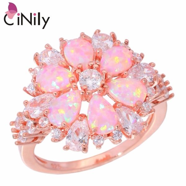 

cinily lavish large pink fire opal rings with stone rose gold color clear crystal flower flora cherry blossom jewelry woman girl 201218, Silver
