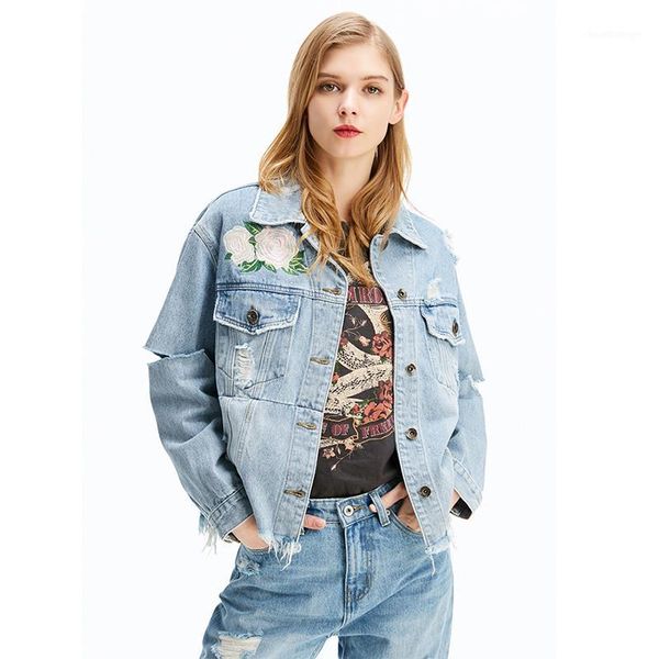 

2019 jeans autumn and winter embroidered denim jacket female hole edge loose korean jacket short paragraph wild shirt woman1, Black;brown