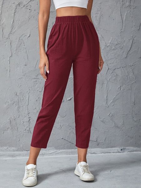 

solid elastic waist carrot pants v02i#, Black;white