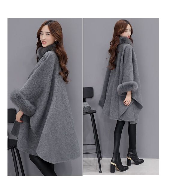 Ponchos e Capes Donne Fashion Fashion Black Sleeve Faux Fox Fox Collar Collar Inverno Lana Mantello Cappotto Cappotto Poncho Long OverCoat 201028