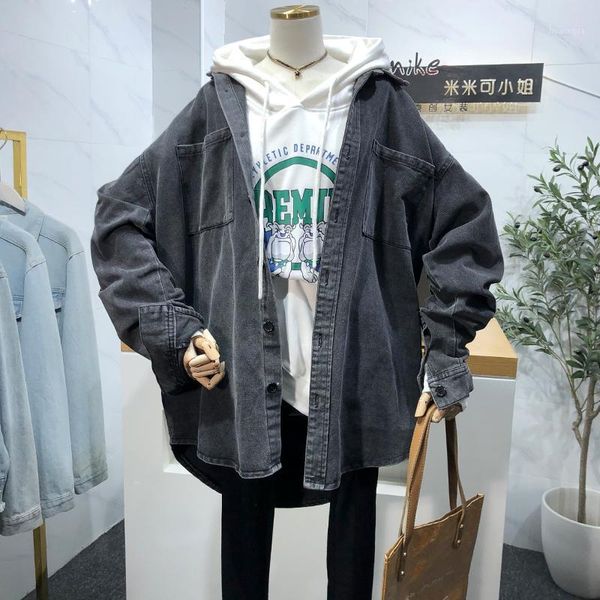 

korean version of the handsome lapel denim jacket female 2020 autumn new gray loose lazy student couple shirt fashion, Black;brown
