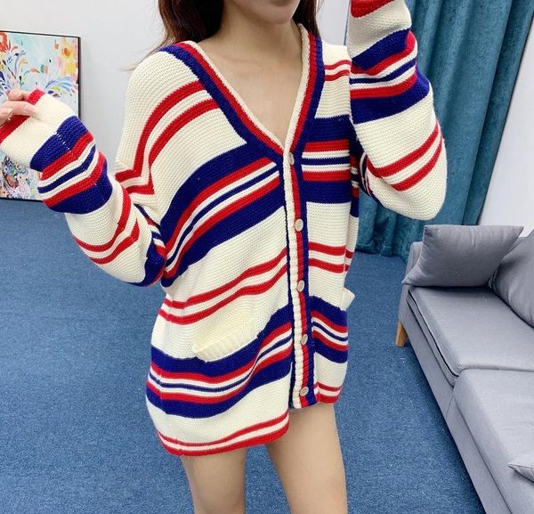 

women's sweaters color matching stripe knitted cardigan back letter embroidery loose sweater jacket women, White;black