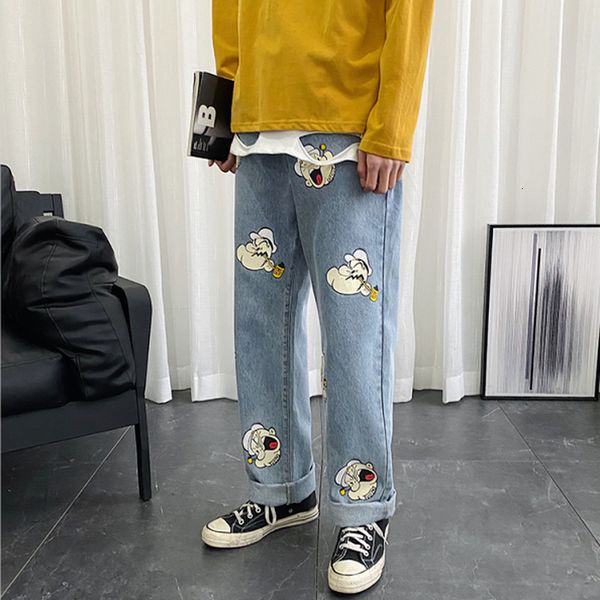 

2021 new popeye cartoons print jean wide high-waisted female harem loose plus size denim streetwear ptkg, Blue