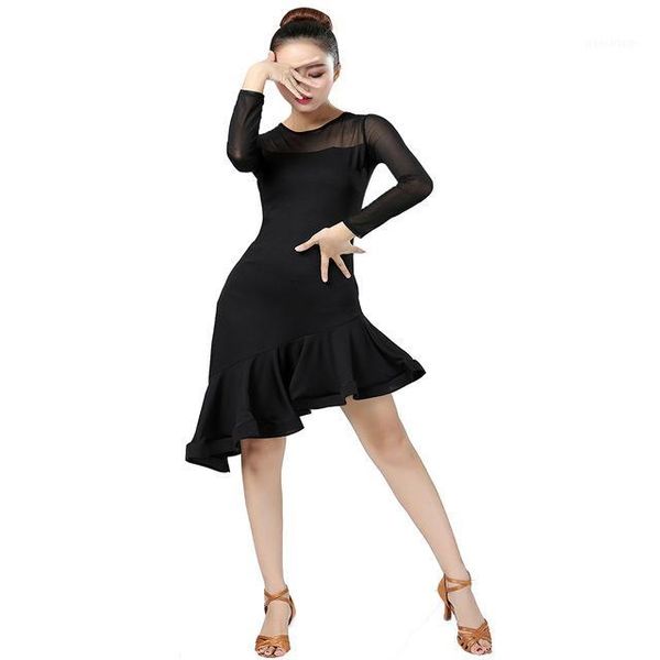 

black latin dance skirt woman practice latino dress 2019 performance long-sleeve latin dance skirt woman dresses1, Black;red